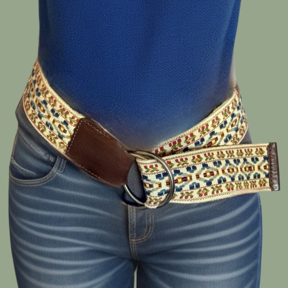 Colorful Embroidered Tribal Print Leather & Suede Belt Size S/M